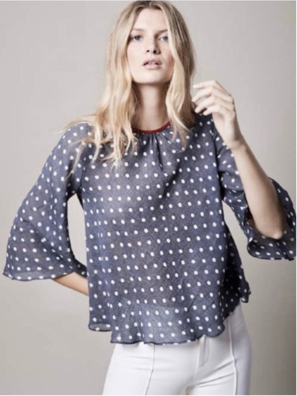 Smythe Bardot Blouse In Polka Dot Print Navy Blue Size XS